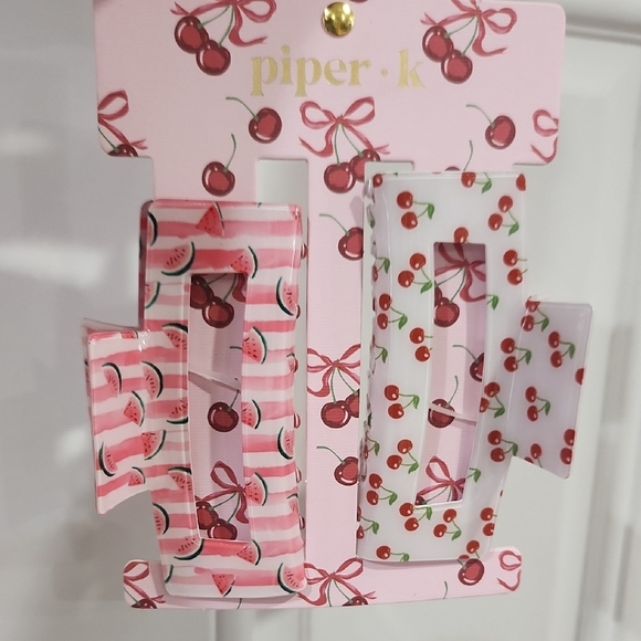 🔹️ Piper K 🔹️Pink and White Cherry Watermelon Hair Bow Claw Clip 2 Pc NWT ✨️🍉 - Picture 2 of 4
